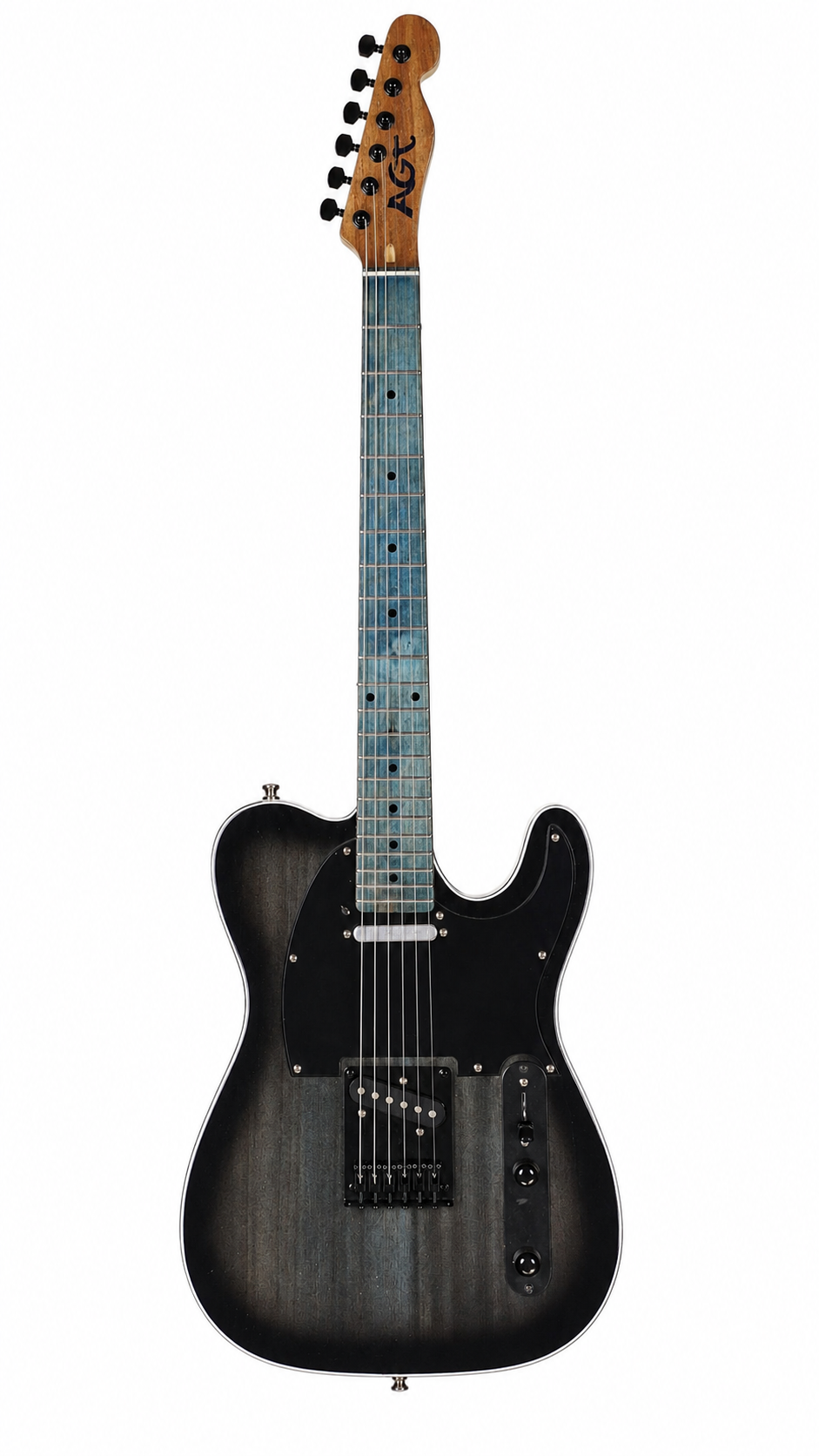 Guitarra AGT com ferragens pretas e escala azulada, vista frontal em fundo claro